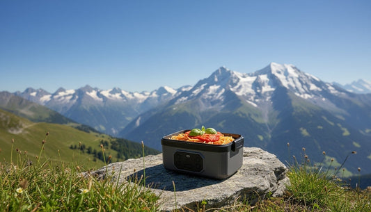 Elektrische Lunchbox HotBox mit heisser Pasta beim Wandern in den Schweizer Alpen