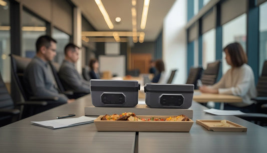 Grössenvergleich der elektrischen Lunchboxen von HotBox auf einem Bürotisch: Links das Original (1.6L) und rechts die neue Compact-Version (1.2L)