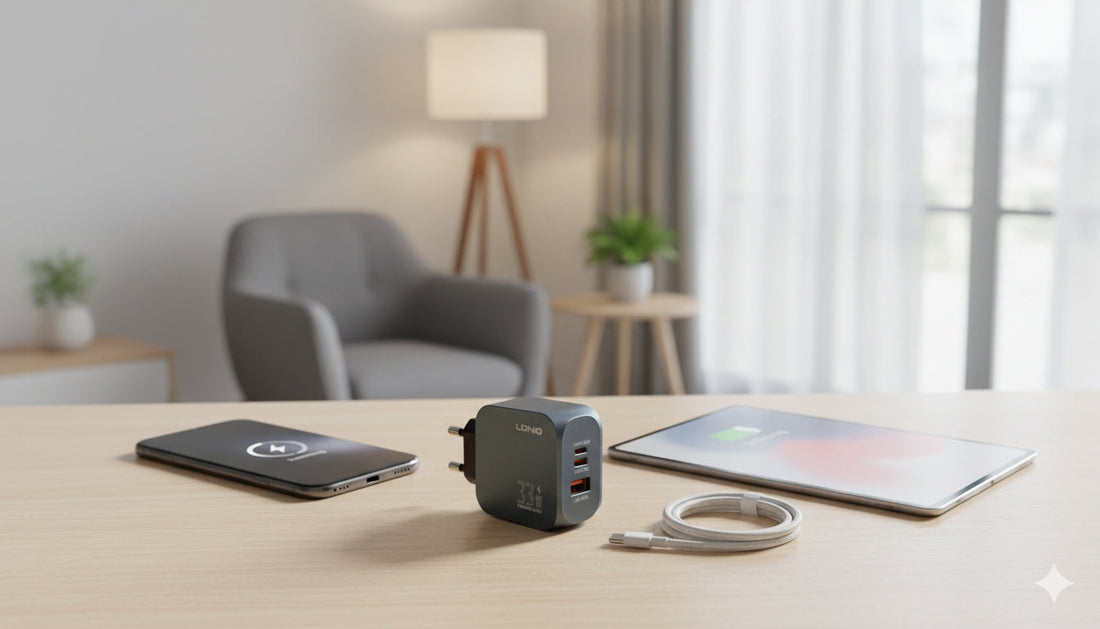 Das kompakte LDNIO 33W GaN Schnellladegerät auf einem Tisch, bereit zum Laden von Smartphone, Tablet und der HotBox™.