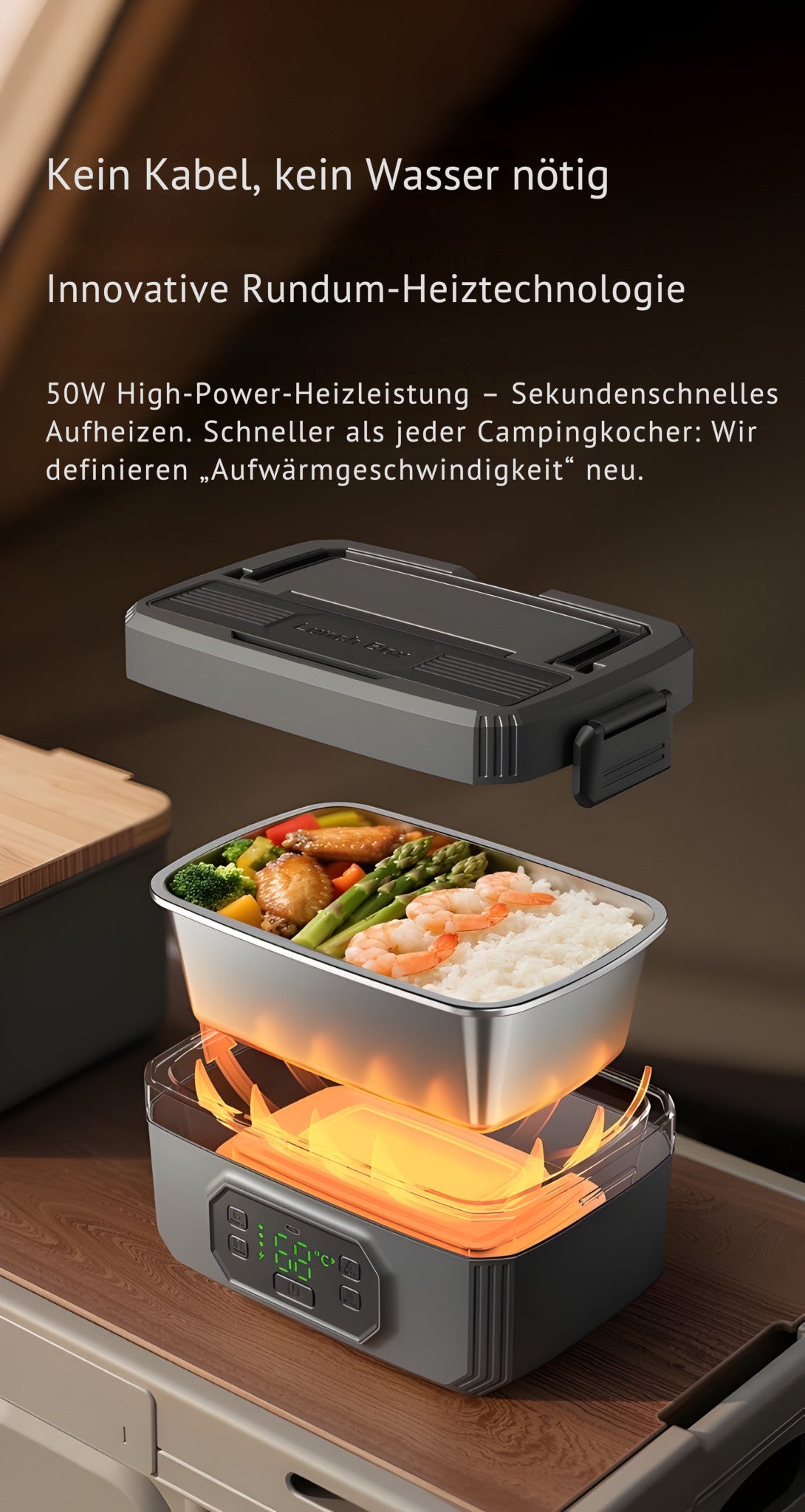 Moderne Akku Lunchbox zum Essen wärmen ohne Wasser und Kabel