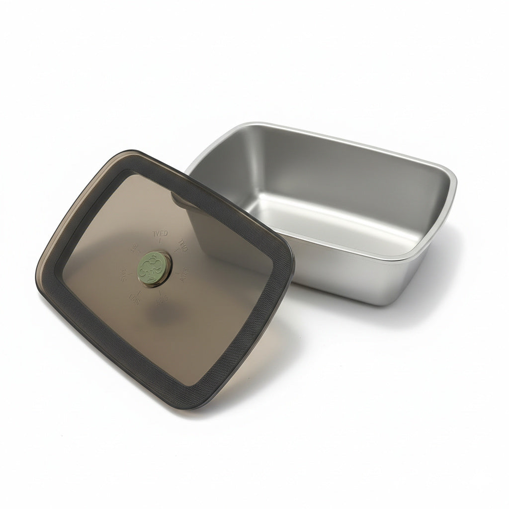 HotBox Edelstahl-Einsatz offen mit passendem Deckel. Hochwertiger 304er Edelstahl für hygienisches Meal Prep.