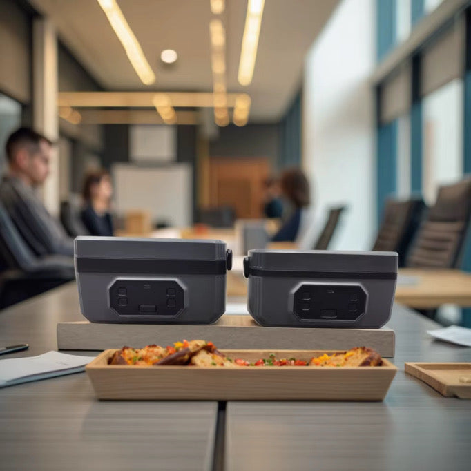 Grössenvergleich der elektrischen Lunchboxen von HotBox auf einem Bürotisch: Links das Original (1.6L) und rechts die neue Compact-Version (1.2L)